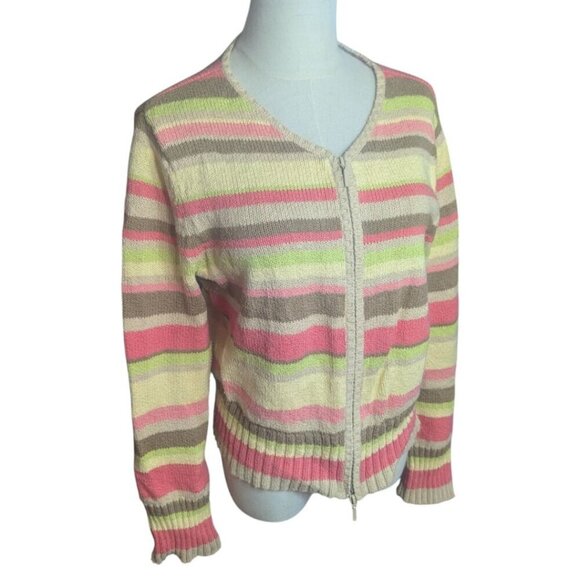 Talbots Multicolor Full Zip Pastel Striped Knit Long Sleeve Cardigan Size M Pet - Picture 2 of 5